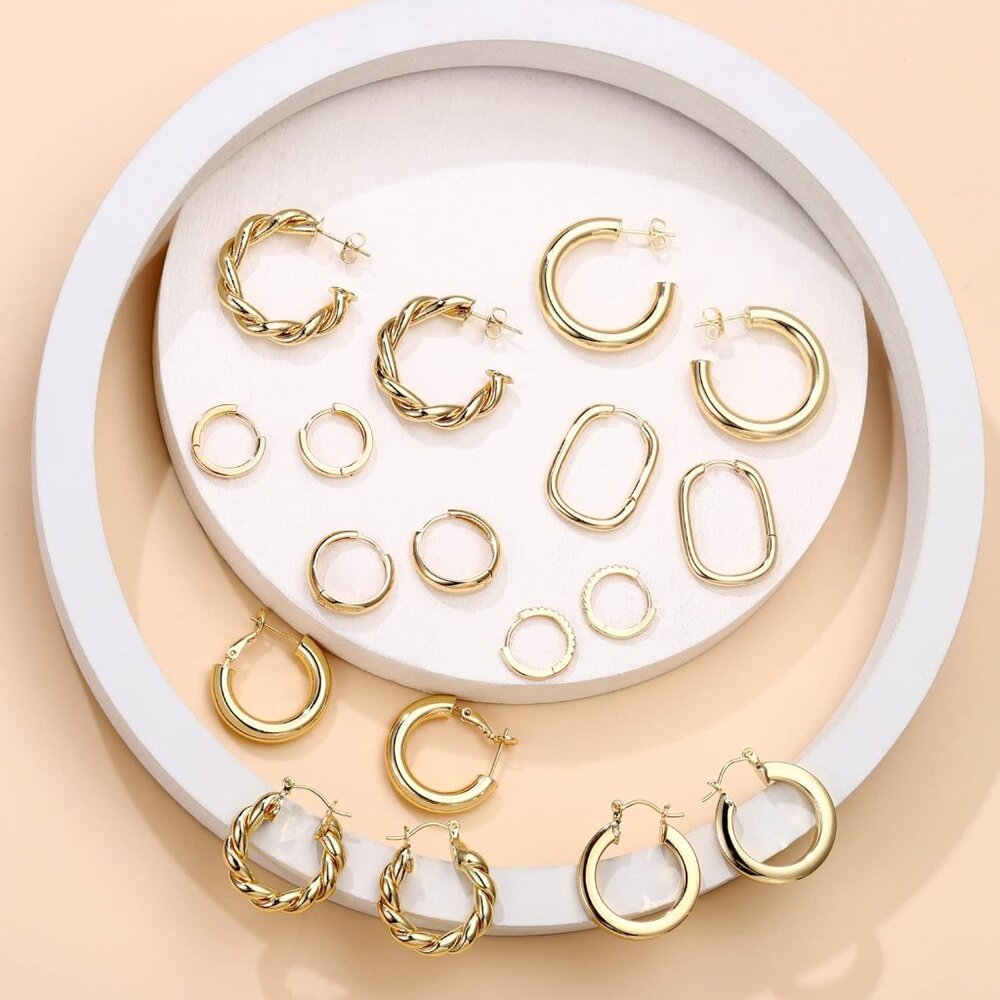 9 Pairs Gold Hoop Earrings Set, 925 Sterling Silver Post, 14K Gold Plated - Picture 6 of 6